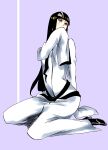  1girl absurdres black_hair black_shoes bleach blunt_bangs blunt_ends covering_own_mouth cyan_sung-sun dress facial_mark full_body hair_ornament hakama hand_up highres hime_cut japanese_clothes ken'ichi_(ken1ro_u) kubo_tite_(style) long_hair looking_at_viewer official_style purple_background purple_eyes shoes sidelocks simple_background sitting sleeves_past_fingers sleeves_past_wrists solo tsurime very_long_hair white_dress white_hakama wide_sleeves yokozuwari 