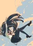  1girl absurdres akemi_homura arm_up black_hair black_pantyhose black_skirt bow bowtie brown_shoes chen346810 chinese_commentary commentary_request full_body highres jacket kaname_madoka long_hair mahou_shoujo_madoka_magica mahou_shoujo_madoka_magica_(anime) mitakihara_school_uniform outstretched_arm pantyhose purple_eyes red_bow red_bowtie school_uniform shoes silhouette skirt solo ultimate_madoka yellow_background yellow_jacket 