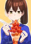  1girl bangs blue_sweater breasts brown_hair closed_mouth commentary_request dated food fruit hair_between_eyes highres holding jewelry kaga_(kancolle) kantai_collection long_sleeves masukuza_j orange_background outline parfait ribbed_sweater ring side_ponytail signature simple_background solo sparkle strawberry sweater twitter_username upper_body wedding_ring white_outline yellow_eyes 