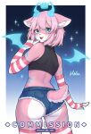  1girl :d absurdres animal_ear_fluff animal_ears aqua_eyes ass bare_shoulders blue_background blue_shorts blue_wings blush commentary commission detached_sleeves english_commentary from_behind furry furry_female gradient_background hand_up highres long_sleeves looking_at_viewer looking_back micro_shorts mo_(k40633) open_mouth original pink_hair short_hair shorts simple_background smile solo striped_clothes striped_sleeves striped_thighhighs tail thighhighs wings 
