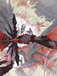  1boy 1girl black_dress black_gloves blood blood_on_clothes blood_on_ground chinese_commentary commentary_request different_zoom_layer dragon dress elbow_gloves gloves hand_focus holding holding_sword holding_weapon jewelry long_hair love_and_deepspace official_alternate_costume protagonist_(love_and_deepspace) red_dress sword sylus_(abyssal_sovereign)_(love_and_deepspace) sylus_(love_and_deepspace) two-tone_dress watermark weapon weibo_username weibo_watermark white_hair zhishuo418 zoom_layer 