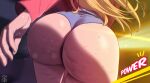  1girl absurdres ass chainsaw_man d-art denim denim_shorts highres long_sleeves orange_hair power_(chainsaw_man) shorts solo standing thighs 