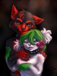  ailurid anthro black_body black_collar black_fur collar duo female fur glistening glistening_eyes green_hair hair head_tuft hi_res himeragoldtail looking_at_viewer male mammal narrowed_eyes nude red_body red_fur red_panda signature simple_background smile species_request spiked_collar spikes tuft white_body white_fur 