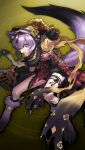  1girl angry animal_ear_fluff animal_feet animal_hands animal_nose black_gloves black_ribbon blue_eyes breasts chaos_belle_(grimms_notes) clenched_teeth game_asset gloves grimms_notes hand_up hood hood_up leg_ribbon non-web_source official_art paw_gloves paw_shoes profile purple_hair red_ribbon ribbon sacanahen scarf solo tail tail_raised teeth thigh_ribbon v-shaped_eyebrows yellow_background 