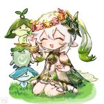  1girl :d ^_^ aranara_(genshin_impact) ararycan_(genshin_impact) bloomers blush bracelet braid cape closed_eyes commentary_request detached_sleeves dress flower flower_wreath genshin_impact gold_bracelet gold_trim gradient_hair grass green_cape green_dress green_hair green_sleeves hair_between_eyes hair_ornament hand_up head_wreath highres jewelry leaf_hair_ornament long_hair multicolored_hair nahida_(genshin_impact) oooma_155 open_mouth orange_flower pink_flower pointy_ears purple_flower short_sleeves side_ponytail sidelocks simple_background single_braid sitting sleeveless sleeveless_dress smile solo stirrup_footwear streaked_hair wariza white_background white_bloomers white_dress white_hair yellow_flower 