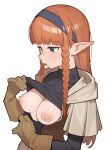  1girl absurdres black_hairband blue_eyes blunt_bangs blush borrowed_character braid breasts breasts_out brown_gloves capelet clothes_lift commentary commission elf gloves grey_capelet hairband highres hot lifting_own_clothes long_hair medium_breasts nipples nose_blush open_mouth orange_hair original pixiv_commission pointy_ears shirt_lift simple_background solo twin_braids untranslatable_commentary upper_body wepwawet white_background 