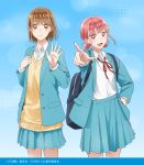  2girls :d anime_coloring ao_no_hako aqua_skirt backpack bag blazer blue_background blue_theme blush brown_eyes brown_hair chouno_hina closed_mouth collared_shirt commentary_request copyright_notice cowboy_shot double_bun dress_shirt fanged_bangs hair_bun hand_on_own_hip happy jacket kano_chinatsu l_hand lapels layered_sleeves long_sleeves looking_at_viewer loose_neck_ribbon miniskirt multiple_girls neck_ribbon notched_lapels official_art open_clothes open_collar open_jacket open_mouth pink_eyes pink_hair pleated_skirt pointing pointing_at_viewer red_ribbon ribbon school_uniform shirt shirt_tucked_in short_hair skirt smile sweater very_low_bun waving white_shirt winter_uniform yellow_sweater 