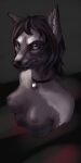  1:2 anthro black_choker black_hair black_jewelry black_necklace black_nose blue_eyes bust_portrait canid choker fangs female fur grey_body grey_breasts grey_fur grey_nipples hair hi_res himeragoldtail jewelry looking_at_viewer mammal narrowed_eyes necklace nipples nude portrait simple_background solo unsigned vik_hollow whiskers 