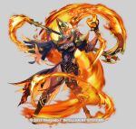  1girl armor asymmetrical_legwear black_armor black_gloves bodystocking breasts cleavage commentary_request covered_navel dark-skinned_female dark_skin eyepatch fighting_stance fire fire_emblem fire_emblem_heroes gloves gradient_hair green_hair hair_over_one_eye headpiece holding holding_scythe holding_weapon laegjarn_(fire_emblem) laegjarn_(flame_miracle)_(fire_emblem) large_breasts looking_at_viewer maeshima_shigeki medium_hair mismatched_legwear multicolored_hair official_alternate_costume official_alternate_hairstyle official_art open_mouth orange_hair pelvic_curtain red_eyes scythe shoulder_armor single_thighhigh solo thighhighs thighs weapon 