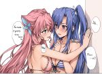  2girls against_wall alternate_language bikini blue_bikini blue_hair breasts collarbone commentary_request elf_(stroll_in_the_woods) english_text green_eyes kazanari_tsubasa long_hair maria_cadenzavna_eve medium_breasts multiple_girls pink_bikini pink_hair purple_eyes senki_zesshou_symphogear speech_bubble striped_clothes swimsuit upper_body yuri 