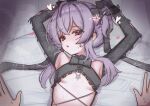  1boy 1girl absurdres anger_vein annoyed armpits arms_up bed black_bow blush bow breasts commentary goddess_of_victory:_nikke hair_bow heart heavy_breathing hetero high_(hgih) highres jewelry lace lace_sleeves liberalio_(dreaming_lake)_(nikke) liberalio_(nikke) looking_at_viewer lying necklace on_back on_bed pov purple_hair red_eyes short_hair_with_long_locks small_breasts sweat twintails 
