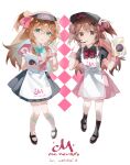  2girls alternate_costume apron bag black_hat black_shirt black_skirt black_socks blue_bow blue_bowtie blue_eyes bow bowtie broken_heart broken_heart_hair_ornament brown_hair collared_shirt commentary dress english_commentary english_text evil_neuro-sama from_side full_body hair_between_eyes hair_ornament hair_ribbon hand_up hat heart heart_hair_ornament highres holding holding_bag holding_menu long_hair looking_at_viewer mary_janes menu microphone miniskirt multiple_girls neuro-sama open_mouth pink_dress pink_ribbon pink_shirt puffy_short_sleeves puffy_sleeves red_bow red_bowtie red_eyes red_ribbon ribbon shirt shoes short_sleeves siblings sisters skirt socks twins two_side_up v vedal_ai virtual_youtuber visor_cap waitress white_apron white_socks witaminu 