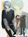  2boys 6_6udon :o alternate_costume alternate_hairstyle arrow_(symbol) black_hair black_leggings black_pants black_shirt black_shoes blue_eyes blue_hair blue_scarf blush breath brown_coat brown_hoodie brown_shoes brown_shorts closed_mouth coat commentary_request contemporary curtained_hair folded_side_ponytail frown fubuki_(nige_jouzu_no_wakagimi) full_body gloves grey_background grey_shirt hair_intakes hair_over_one_eye halftone halftone_background hand_on_own_thigh highres hood hoodie houjou_tokiyuki_(nige_jouzu_no_wakagimi) jewelry layered_sleeves leggings leggings_under_shorts long_hair long_sleeves looking_at_another loose_socks low-tied_long_hair low_ponytail low_side_ponytail male_focus mittens multiple_boys necklace nige_jouzu_no_wakagimi nose_blush one_eye_covered outline pants parted_bangs pocket ponytail purple_eyes red_mittens red_scarf scarf shirt shirt_under_shirt shoes shorts side_ponytail sidelocks_tied_back silver_necklace sleeves_past_wrists smile sneakers snow snowman socks split_mouth standing star_(symbol) tsurime very_long_hair warming_hands white_gloves white_outline white_socks winter_clothes zoom_layer 