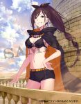  1girl bikini bikini_top_only black_bikini black_cape breasts brown_hair cape commentary_request front-tie_bikini_top front-tie_top green_eyes hair_ribbon medium_breasts official_art ootsuka_shin'ichirou ponytail re:zero_kara_hajimeru_isekai_seikatsu ribbon sample_watermark shaula_(re:zero) shorts smile solo standing swimsuit watermark 