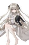  1girl aco_(aco_7313) antenna_hair barefoot black_ribbon blush bow breasts cleavage_cutout closed_mouth clothing_cutout commentary_request crossed_arms dress dress_bow eyes_visible_through_hair floating_hair frown full_body grey_eyes grey_hair hair_between_eyes hair_ribbon highres holding holding_stuffed_toy kasugano_sora knees_together_feet_apart knees_up long_hair long_sleeves looking_at_viewer ribbon sidelocks simple_background sitting small_breasts solo stuffed_animal stuffed_rabbit stuffed_toy tsurime two_side_up very_long_hair white_background white_bow white_dress wide_sleeves yosuga_no_sora 