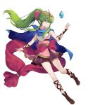  1girl ankle_boots armor bangs bare_shoulders blue_cape boots bow breastplate cape closed_mouth dress fire_emblem fire_emblem:_mystery_of_the_emblem fire_emblem_heroes floating floating_object full_body gold_trim green_eyes green_hair hair_bow highres jewelry long_hair looking_away necklace necomi non-web_source official_art pink_dress pointy_ears ponytail shiny shiny_hair short_dress sidelocks sleeveless solo stone tiara tiki_(fire_emblem) transparent_background 