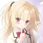 1girl arihara_nanami black_scrunchie blonde_hair blush bow bowtie closed_mouth collared_shirt commentary_request dress_shirt eyes_visible_through_hair finger_to_mouth hair_between_eyes hair_ornament hair_scrunchie hand_up index_finger_raised jacket kanade1631 kikka_academy_school_uniform long_hair long_sleeves looking_at_viewer red_bow red_bowtie red_eyes riddle_joker school_uniform scrunchie shirt sidelighting sidelocks simple_background smile solo suit_jacket two_side_up upper_body watermark white_background white_shirt yellow_jacket 