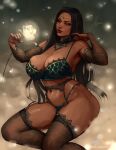 1girl artist_name ave_poppea bare_shoulders black_hair black_hole-shaped_pupils black_nails blue_bra bra breasts commentary dark-skinned_female dark_skin elbow_gauntlets english_commentary facing_viewer feet_out_of_frame fingernails flower forehead forehead_jewel garter_straps gem green_gem hand_on_own_shoulder highres holding holding_flower large_breasts legs lingerie lips long_fingernails long_hair mask navel nose nostrils original parted_lips patreon_logo sitting stomach thighs twitter_logo twitter_username underwear white_flower yellow_eyes 