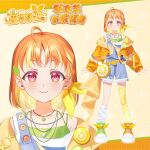  ahoge bag blonde_hair blush braid buttons character_name close-up commentary_request crop_top denim english_text highres hood hoodie jacket jewelry logo long_sleeves love_live! love_live!_sunshine!! multicolored_hair multiple_views necklace nose off_shoulder official_art orange_background orange_hair overalls red_eyes shoes shorts simple_background single_braid single_thighhigh smile sneakers takami_chika thighhighs upper_body 