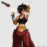  1girl arm_behind_head arm_tattoo arm_up armpits artist_name baggy_pants bare_arms black_hair black_lips black_nails black_panties black_tank_top breasts breasts_apart commentary cowboy_shot crop_top dragon's_fury_(tf2) ear_piercing english_commentary fingerless_gloves gloves groin hair_between_eyes hand_up highleg highleg_panties highres holding holding_lighter humanization lighter looking_at_viewer medium_breasts medium_hair messy_hair midriff midriff_tattoo multicolored_hair muscular muscular_female navel original panties pants parted_lips piercing rebeca_st2006 red_eyes red_hair red_pants reference_inset simple_background smoking solo streaked_hair tank_top tattoo team_fortress_2 underwear watermark white_background white_gloves 
