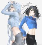  2girls :o alternate_costume animal_ears arknights aurora_(arknights) bear_ears bear_girl black_hair black_pants blue_eyes blue_hoodie blue_shirt breasts commentary cowboy_shot cropped_hoodie cropped_shirt dated grey_background grey_hair grey_pants hair_intakes highres hood hood_up hoodie la_pluma_(arknights) lal!role long_hair medium_breasts multiple_girls official_artist_extra pants shirt short_hair signature simple_background small_breasts untranslatable_commentary watermark weibo_username weibo_watermark white_background 