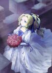  1girl asami2692 blonde_hair blue_eyes bouquet celes_chere dress final_fantasy final_fantasy_vi gown high_ponytail highres holding holding_bouquet long_hair multi-tied_hair official_alternate_costume solo solo_focus white_dress 