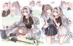  2girls absurdres alternate_costume alternate_hairstyle black_hairband black_shirt black_skirt breasts commentary_request eating firefly_(honkai:_star_rail) gradient_hair green_hair grey_hair grey_shirt hair_intakes hairband heart heart_hands heart_hands_duo highres holding holding_racket honkai:_star_rail honkai_(series) ice_cream_cone lap_pillow looking_at_viewer medium_breasts multicolored_hair multiple_girls open_mouth pink_eyes ponytail puff_of_air racket shirt shoes sitting skirt smile stelle_(honkai:_star_rail) trailblazer_(honkai:_star_rail) white_shoes white_skirt yajuu yellow_eyes 