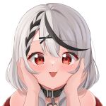  1girl :d absurdres bare_shoulders black_collar black_streaks blush braid collar commentary_request fang grey_hair hair_between_eyes hair_ornament hands_on_another's_cheeks hands_on_another's_face highres hololive looking_at_viewer medium_hair multicolored_hair open_mouth pov pov_hands ramkilog red_eyes sakamata_chloe simple_background single_braid smile solo_focus streaked_hair upper_body virtual_youtuber white_background x_hair_ornament 