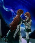  2girls aged_down commentary_request flower frills galaxy gloves graphia_academy_school_uniform hair_flower hair_ornament headband highres himeko_(honkai:_star_rail) himeko_(young)_(honkai:_star_rail) holding_hands honkai:_star_rail honkai_(series) jacket jar layered_clothes long_hair looking_at_another medium_hair multiple_girls neckerchief official_alternate_costume paintbrush red_hair s_e_p914 school_uniform skirt sweater tailcoat very_long_hair yellow_eyes 