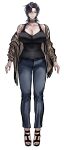  1girl absurdres armpit_crease arms_at_sides black_nails black_shoes black_tank_top blue_pants breasts bright_pupils brown_jacket cleavage closed_mouth clothes_pull collarbone commentary denim ear_piercing earclip earrings english_commentary finger_tattoo full_body hair_between_eyes hair_over_one_eye hand_tattoo highres jacket jacket_pull jeans jewelry kobun0 large_breasts lips long_sleeves looking_at_viewer medium_hair miko_(kobun0) mole mole_under_mouth neck_tattoo nose open-toe_shoes open_clothes open_jacket original pants piercing pink_eyes purple_hair shoes shoulder_tattoo simple_background sketch solo standing straight-on tank_top tattoo toes tomboy white_background white_pupils wolf_cut 