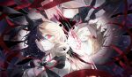  2girls absurdres arcaea bare_shoulders black_bow black_dress black_eyes black_jacket black_ribbon bow bow_flower broken_glass chest_bow collared_dress commentary_request cracked_face cracked_skin crying crying_with_eyes_open dress flower glass hair_bow hair_flower hair_ornament hair_ribbon heterochromia highres jacket jacket_partially_removed long_hair long_sleeves maya_(arcaea) multicolored_hair multicolored_jacket multiple_girls necktie off_shoulder red_eyes ribbon rotational_symmetry sleeveless sleeveless_dress tears two-tone_hair two-tone_jacket vita_(arcaea) vita_(wanderer)_(arcaea) white_dress white_eyes white_jacket white_necktie x_hair_ornament xettia 