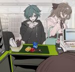  1boy 1girl 1other absurdres alternate_costume bag black_mask blue_hair brown_hair cash_register condom_box convenience_store dal-gi drawstring faceless faceless_female genshin_impact hair_between_eyes hair_intakes hand_in_pocket hetero highres hood hood_down hoodie indoors lohen_(genshin_impact) long_sleeves mask mask_pull mouth_mask open_mouth pink_shirt shirt shirt_tucked_in shop skirt sweat 