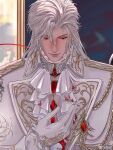  aegyo_sal aiguillette alternate_hair_length_(longer) ascot chinese_commentary closed_mouth commentary_request earrings epaulettes facing_viewer frilled_sleeves frills gold_trim jewelry lapels long_hair long_sleeves looking_down love_and_deepspace nose official_alternate_costume official_alternate_hairstyle parted_bangs red_eyes sylus_(love_and_deepspace) sylus_(silverwing_fiend)_(love_and_deepspace) upper_body watermark weibo_username weibo_watermark white_ascot white_tailcoat zhishuo418 