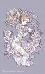  0sea0dove 1girl blonde_hair blue_eyes blue_gem bottle bug butterfly character_name choker commentary_request cropped_legs disembodied_hand dress dress_flower earrings floral_print floral_print_dress flower flower_trim frilled_sleeves frills full_moon gem hair_flower hair_ornament hand_on_own_chin highres hobble_dress holding holding_flower identity_v jewelry long_dress long_sleeves moon official_alternate_costume parted_lips patterned_clothing perfume_bottle print_dress purple_background purple_butterfly purple_eyes rose see-through_clothes see-through_veil sideways_glance simple_background solo sparkle standing swept_bangs veil vera_nair vera_nair_(tonight_or_never) white_choker white_dress white_flower white_rose white_veil wrist_flower 