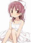  1girl absurdres bare_arms bare_shoulders blush bow closed_mouth collarbone commentary_request dress fang fang_out feet_out_of_frame hair_bow hands_under_legs highres hitode long_hair mahou_shoujo_madoka_magica mahou_shoujo_madoka_magica_(anime) red_eyes red_hair sakura_kyoko sitting sleeveless sleeveless_dress solo white_bow white_dress 