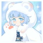  1girl absurdres animal_ear_hood animal_ears animal_hands aqua_eyeliner aqua_overalls bear_ears bear_footprints_(shining_nikki) blue_bow blue_bowtie blue_eyes blue_hair blue_sky blue_theme border bow bowtie buttons chinese_commentary closed_mouth cloud coat colored_eyelashes commentary_request day expressionless eyeliner gloves hand_on_own_cheek hand_on_own_face highres hood hood_up hooded_coat light_blush light_frown lipstick long_sleeves makeup nikki_(series) open_clothes open_coat outdoors overalls paw_gloves paw_pose pink_lips shining_nikki shirt short_hair sky solo sparkle tareme upper_body white_border white_coat white_shirt xiaoyu_qixing 