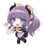  1girl :d apron black_shirt black_shoes black_skirt blue_eyes bow brown_bow brown_thighhighs chibi chucolala commentary_request frilled_apron frills full_body hair_bow heart heart_hands horns long_hair lowres ponytail puffy_short_sleeves puffy_sleeves purple_hair sample_watermark shirt shito_anon shoes short_sleeves simple_background skirt smile solo standing striped_clothes striped_skirt thighhighs vertical-striped_clothes vertical-striped_skirt very_long_hair virtual_youtuber watermark white_apron white_background yayoi_maka 