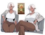  1girl absurdres asymmetrical_hair breasts brown_pants cleavage commentary couch cropped_legs crossed_legs curtained_hair dark-skinned_female dark_elf dark_skin elbow_rest elf english_commentary grey_jacket hair_between_eyes hand_on_own_hip hand_on_own_knee highres jacket kyana_(nokaa_aru) large_breasts looking_at_viewer medium_hair mii_(nintendo) mole mole_on_breast multiple_views nokaa_aru off_shoulder on_couch original pants parted_bangs parted_lips photo_inset pointy_ears purple_eyes shirt sitting smile thighs tomodachi_life white_background white_hair white_shirt 