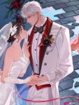  1boy 1girl bare_shoulders black_buttons black_eyes black_flower boutonniere bridal_veil bride brown_hair chinese_commentary closed_mouth commentary_request contrast_lapels couple dress dress_shirt earrings elbow_gloves eye_contact feather_earrings feather_hair_ornament feathers fingerless_gloves flower from_side gloves hair_bun hair_ornament half-closed_eyes hetero holding_hands jewelry lapels long_hair looking_at_another love_and_deepspace nose official_alternate_costume pants parted_bangs pavement peaked_lapels profile protagonist_(love_and_deepspace) red_eyes shirt short_hair strapless strapless_dress sylus_(alternative_darkborne)_(love_and_deepspace) sylus_(love_and_deepspace) veil watermark wedding_dress weibo_username weibo_watermark white_dress white_gloves white_hair white_pants white_shirt white_tailcoat wingtip_collar zhishuo418 