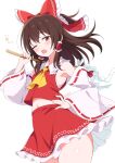  1girl ascot blush bow brown_eyes brown_hair commentary detached_sleeves frilled_bow frilled_hair_tubes frilled_skirt frills gohei hair_bow hair_tubes hakurei_reimu hand_on_own_hip highres holding holding_gohei kamuraaa_615 long_hair looking_at_viewer midriff navel open_mouth red_bow red_skirt ribbon-trimmed_sleeves ribbon_trim signature simple_background skirt skirt_set solo squeans thick_thighs thighs touhou white_background yellow_ascot 