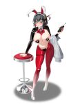  1girl absurdres animal_ear_hairband animal_ears black_hair black_shrug blush breasts closed_mouth colored_inner_hair commentary dated_commentary fake_animal_ears frontless_outfit goddess_of_victory:_nikke gradient_hiphighs hair_ornament hairband heart_pasties highres hiphighs holding holding_walkie-talkie large_breasts latex latex_shrug mismatched_pasties multicolored_hair navel pasties rabbit_ear_hairband rabbit_ears red_hair red_hiphighs reverse_bunnysuit reverse_outfit rouge_(nikke) rouge_(unlucky_rabbit)_(nikke) short_hair shrug_(clothing) soo3 spade_brooch spade_pasties stool sweat walkie-talkie yellow_eyes 