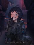  1girl black_cape black_gloves black_hair blue_eyes camouflage cape cityscape commentary cuts english_commentary english_text finger_to_mouth gloves gun handgun helldiver_(helldivers) helldivers_(series) highres holding holding_gun holding_weapon injury load_bearing_vest looking_at_viewer missing_headwear one_eye_closed pov pov_hands projectile_trail short_hair shushing solo_focus subtitled twitter_username weapon xanran 