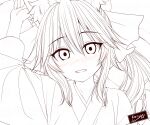  1girl animal_ear_fluff animal_ears arm_up blush commentary_request fate/grand_order fate_(series) fox_ears hair_between_eyes haryuu_(poetto) japanese_clothes kimono long_hair long_sleeves looking_at_viewer lying miko nose_blush on_back signature solo tamamo_no_mae_(fate) upper_body watermark white_background 