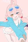  1girl :d absurdres ahoge bikini blue-tinted_eyewear blue_archive blue_eyes blue_jacket blush breasts commentary_request eyewear_on_head fang frilled_bikini frills hair_bobbles hair_ornament halo heterochromia highres hoshino_(blue_archive) hoshino_(swimsuit)_(blue_archive) jacket leaning_forward long_hair long_sleeves looking_at_viewer low_twintails mistel_(sukebemistel) open_mouth outline pink_background pink_hair pink_halo pov pov_hands puffy_long_sleeves puffy_sleeves simple_background skin_fang small_breasts smile solo_focus sunglasses swimsuit tinted_eyewear twintails white-framed_eyewear white_bikini white_outline yellow_eyes 