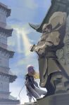  1girl architecture bishamonten black_dress blonde_hair blue_sky day dress east_asian_architecture facing_away floating_clothes floating_hair from_behind full_body gradient_hair highres hijiri_byakuren light_rays multicolored_hair purple_hair sky standing statue sunbeam sunlight touhou wide_shot yorange17 