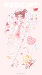  1girl :o =_= ahoge animal bandaid blood blood_on_face bow bowtie braid braided_hair_rings brooch brown_hair buttons cat chinese_commentary choker cloak closed_mouth clothed_animal commentary_request dot_nose double-breasted double_bun dress ear_covers eyelashes eyepatch flats frilled_choker frilled_dress frilled_headwear frills full_body fur-trimmed_thighhighs fur_trim gloves hair_bun hair_rings hat heart heart-shaped_hair heart_brooch heart_button heart_print highres holding holding_syringe hood hood_up hooded_cloak intravenous_drip jewelry looking_ahead medical_eyepatch momo_(nikki) nervous nikki_(series) nurse nurse_cap open_mouth orange_bow orange_bowtie outline oversized_object pill pink_background pink_dress pink_eyes print_dress print_thighhighs puffy_short_sleeves puffy_sleeves see-through_clothes see-through_sleeves shining_nikki shoes short_dress short_hair short_sleeves sidelocks smile sweet_treatment_(shining_nikki) syringe tareme thighhighs traditional_bowtie two-tone_dress wavy_hair white_cat white_choker white_dress white_gloves white_hat white_outline white_shoes white_thighhighs xiaoyu_qixing yellow_cloak 
