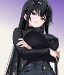  1girl arm_under_breasts black_hair black_shirt blush breasts coco_chino commentary_request covered_nipples denim jeans kurotsuki_no_yaergnacht large_breasts long_hair long_sleeves looking_at_viewer nipples no_bra pants purple_eyes shirt slit_pupils solo turtleneck turtleneck_shirt upper_body yaergnacht_finsternis 