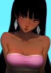  1girl aqua_background arms_at_sides bandeau bare_shoulders black_hair blunt_bangs blush breasts brown_eyes chel_(el_dorado) cleavage closed_mouth collarbone commentary commission crop_top dark-skinned_female dark_skin english_commentary highres light_blush lips long_hair looking_at_viewer loose_hair_strand medium_breasts midriff nose nose_blush pendant_earrings pink_bandeau simple_background smirk solo sparkle strapless the_road_to_el_dorado tube_top upper_body upturned_eyes very_long_hair white_trim zienu 