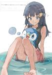  1girl absurdres aqua_eyes black_hair commentary_request dawn_(pokemon) hair_ornament highres long_hair panties piplup plamja_jukov pokemon pokemon_(creature) pokemon_diamond/pearl/platinum pokemon_platinum skirt underwear water wet 