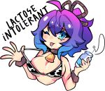  1girl ahoge animal_print bell bikini blue_eyes blue_hair bottle breasts cleavage commentary cow_print cow_print_bikini cowbell english_commentary gradient_hair highres looking_at_viewer medium_breasts melody_(projektmelody) milk milk_bottle multicolored_hair one_eye_closed ponytail print_bikini purple_hair solo swimsuit tongue tongue_out virtual_youtuber vshojo white_background x3dustco 